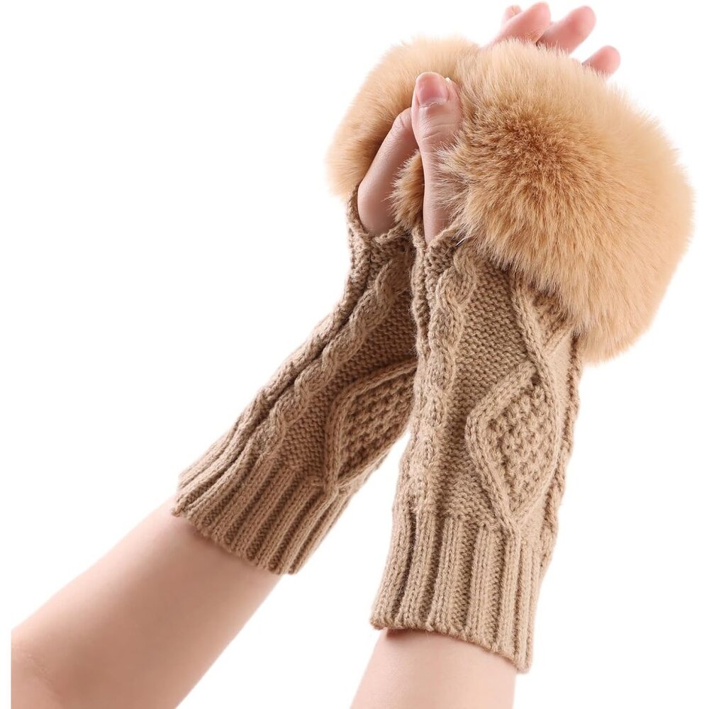 Women's Khaki Winter Arm Warmers Wrist Thumb Hole Faux Fur Fingerless Gloves